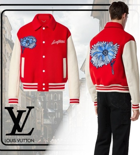 루이비통 x 야요미 쿠사마 싸이키델릭 플라워 자수 바시티 자켓 블루종 레드