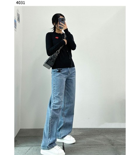 셀린느 여성용 블랙가죽패치 데님 팬츠