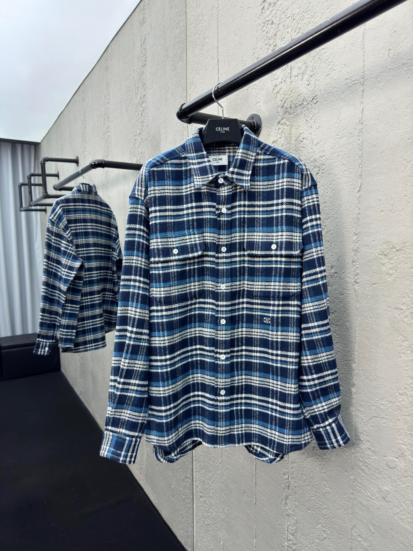 셀린느 체크 코튼 루즈 럼버잭 셔츠 네이비 블루