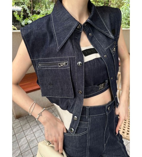 디올 여성 벌 자수 투포켓 나시 데님 자켓