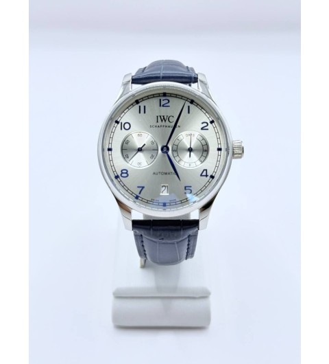 IWC 포르투기저 오토매틱 42 실버톤 다이얼 블루 가죽 스트랩 시계 (국내공장 AS가능)