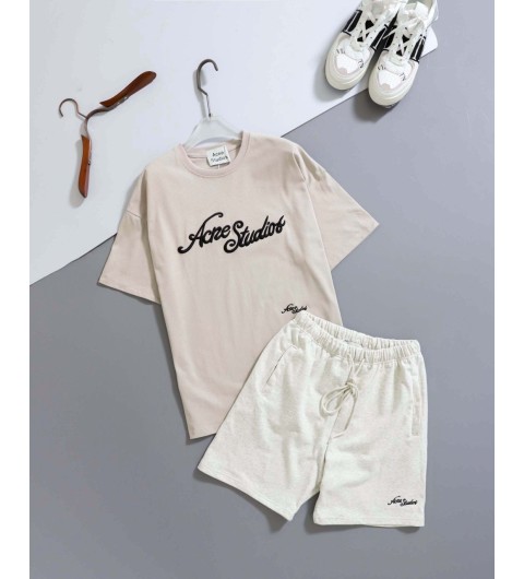 아크네스튜디오 로고 자수 반팔 티셔츠 & 코튼 쇼츠 반바지 세트 - 2 Color