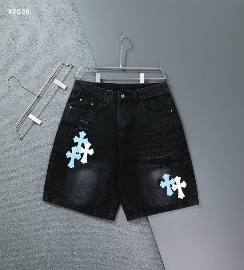 크롬하츠 세메터리 레더 패치 워싱 데님 하프팬츠