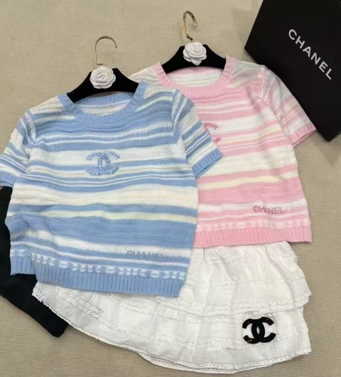 샤넬 여성 스트라이프 더블 크루넥 반팔티 - 2 Color