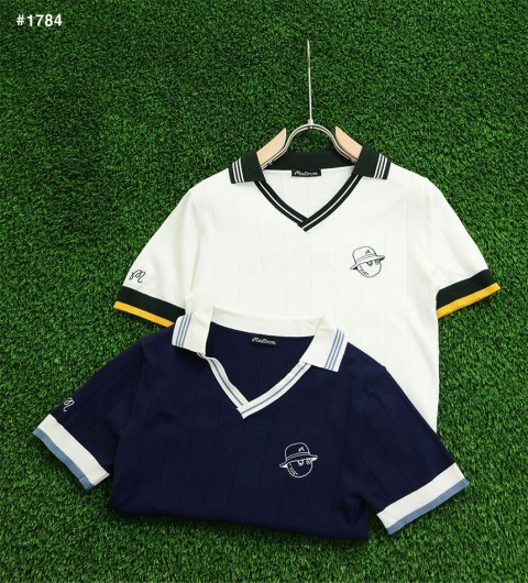 말본 여성 변형에리 스트라이프 조직 니트 반팔티 - 2 Color