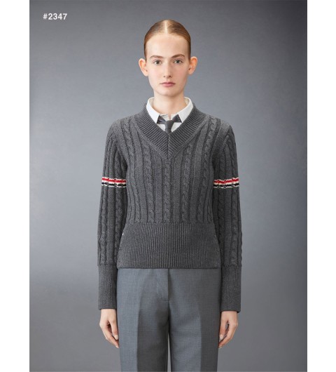 톰브라운 여성 밀라노 암밴드 케이블 V넥 니트 - 풀박스