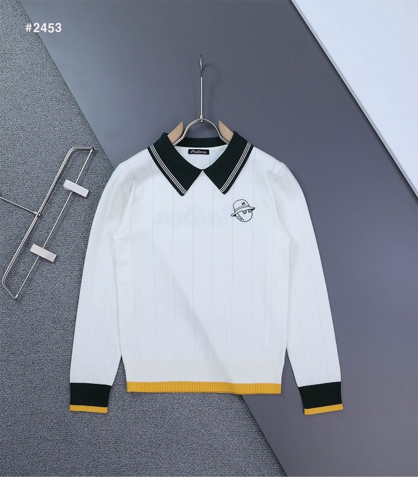 말본 여성 스트라이프 변형에리 카라 니트