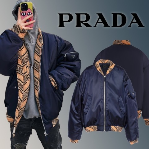 프라다 오버사이즈 리나일론 니트 봄버 패딩 자켓 -네이비-