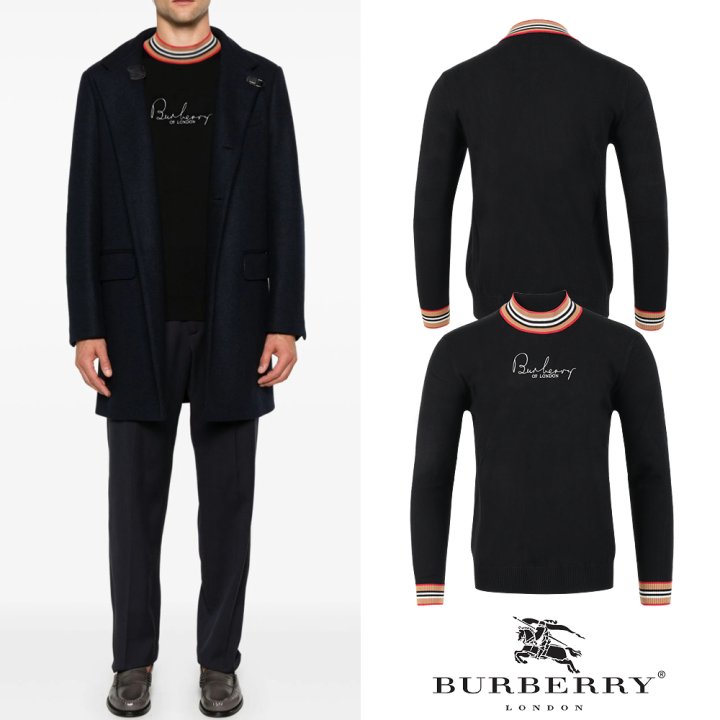 버버리 시보리 레터링 자수 램스울 넥 니트