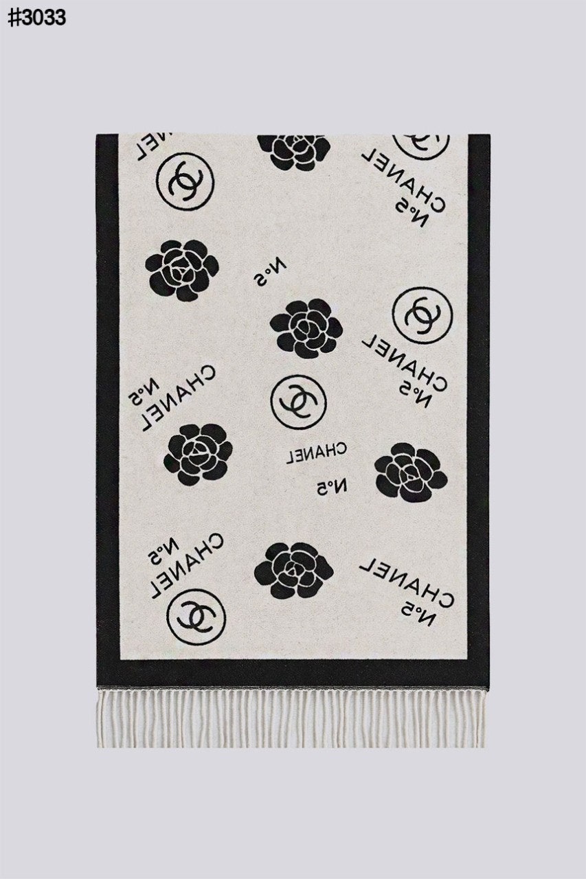 샤넬 넘버 5 까멜리아 아트워크 울 자카드 태슬 숄 머플러