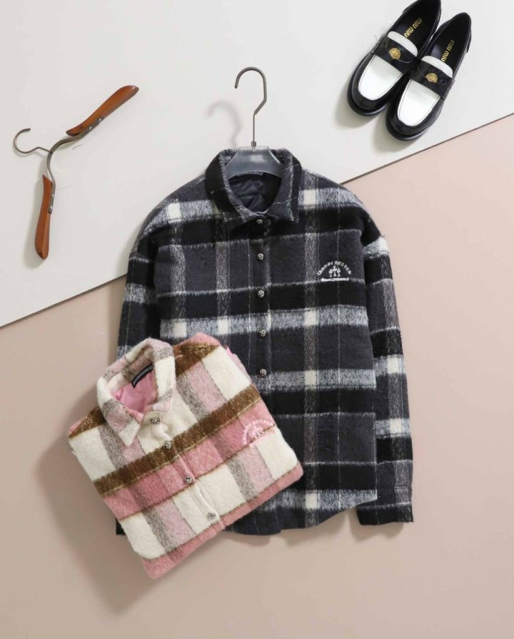 크롬하츠 여성 체크 모헤어 울 오버사이즈 퀼팅 셔츠 자켓 - 2 Color