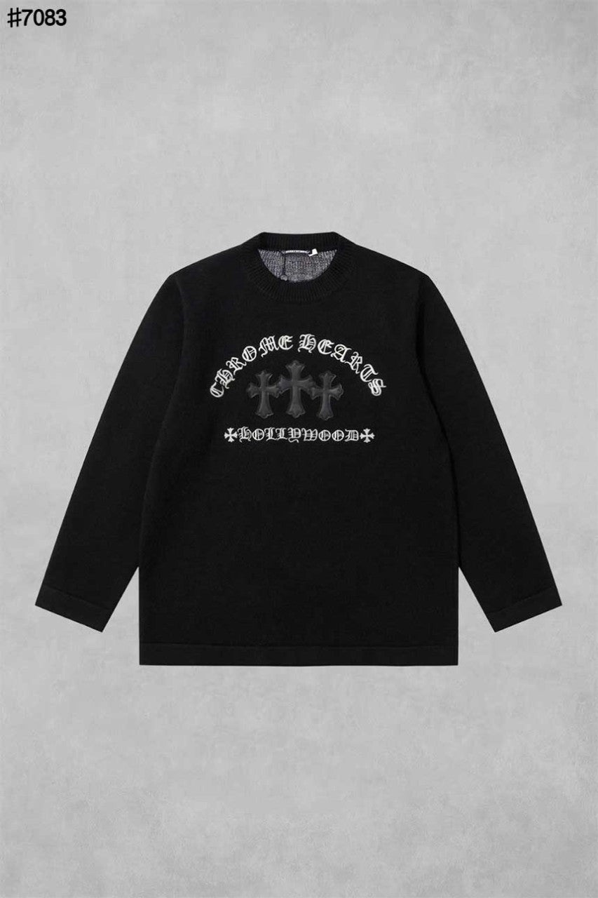 크롬하츠 레더 세메터리 패치 자수 울 니트 풀오버