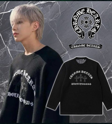 크롬하츠 레더 세메터리 패치 자수 울 니트 풀오버