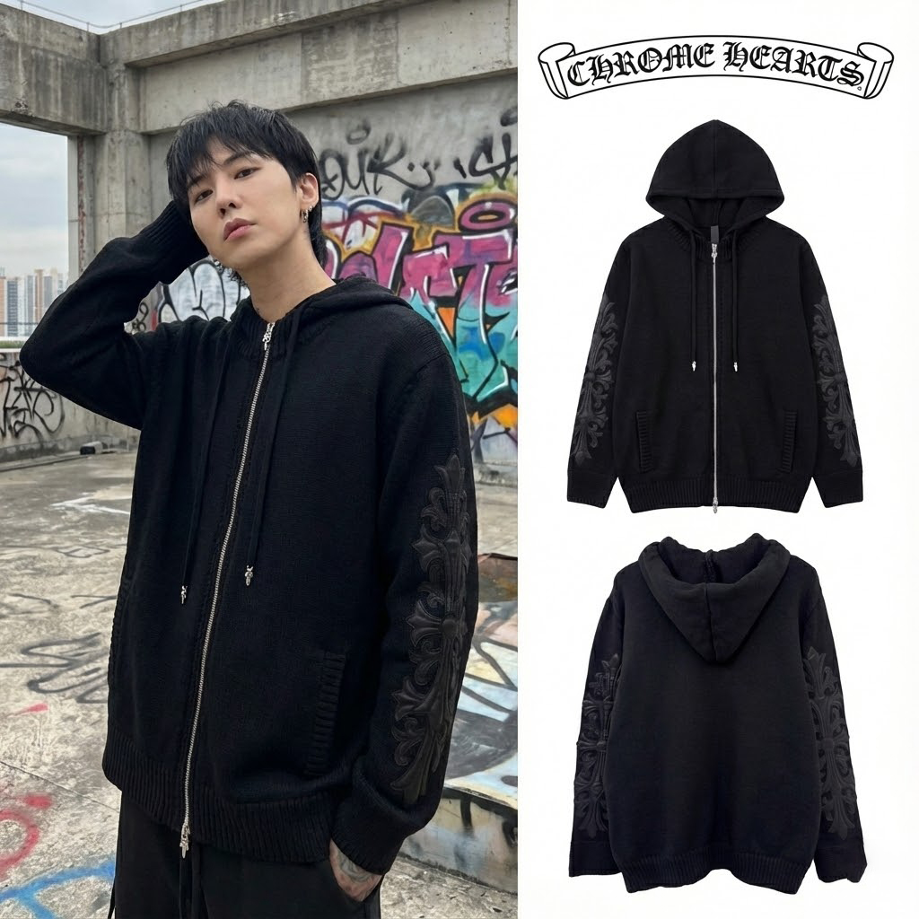 크롬하츠 레더 플로랄 패치 후드집업