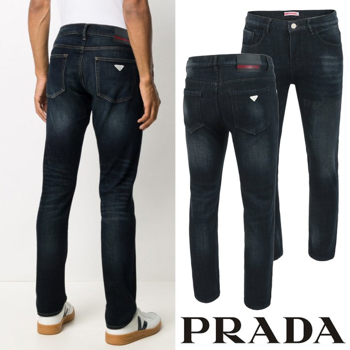 프라다 화이트 트라이앵글 진청 슬림진