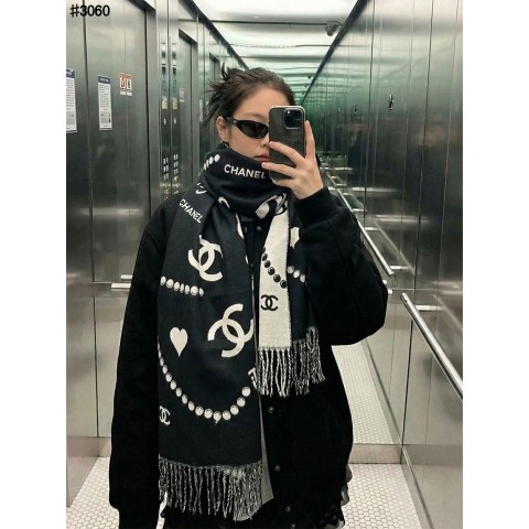 샤넬 COCO 아트워크 울 자카드 태슬 숄 머플러 - 2 Color