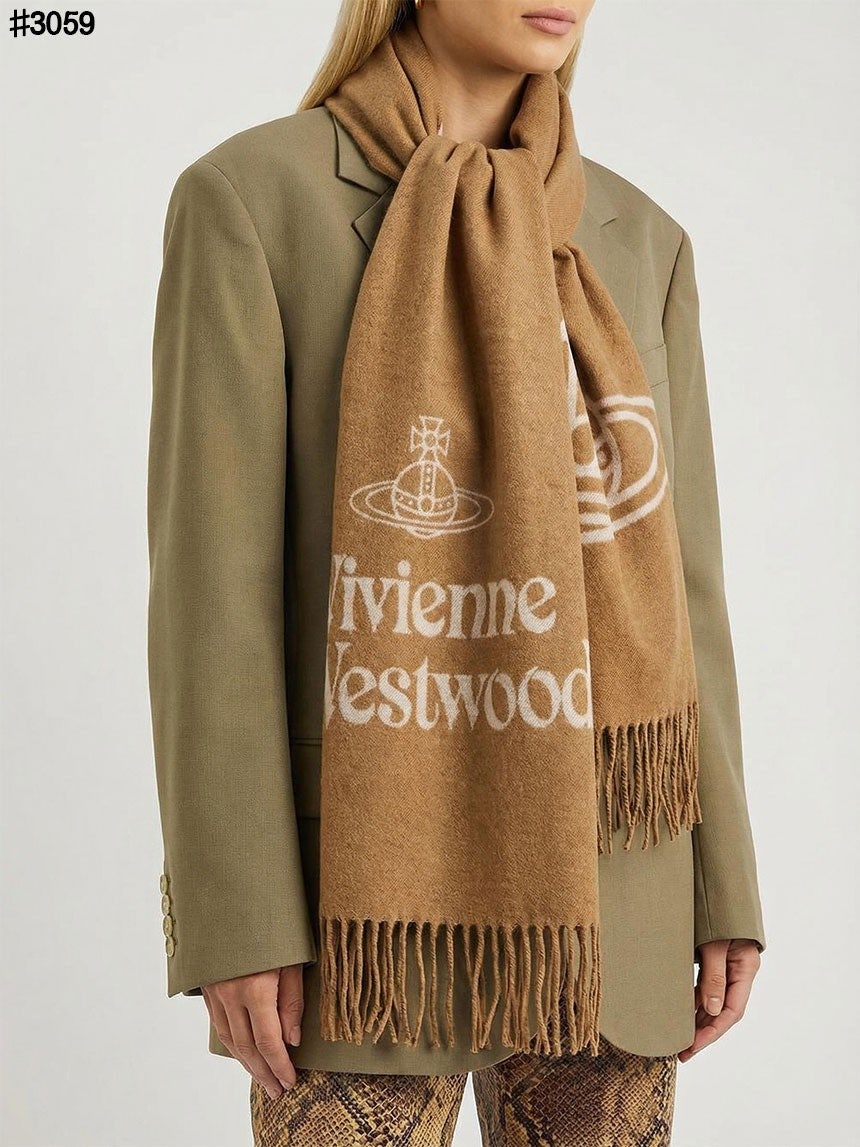 비비안 웨스트우드 투 사이드 싱글 오브 울 자카드 태슬 머플러