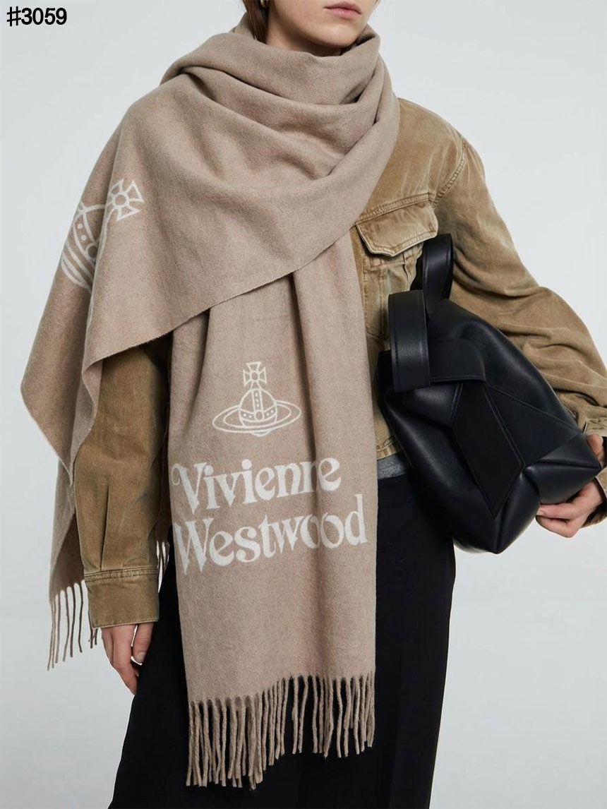 비비안 웨스트우드 투 사이드 싱글 오브 울 자카드 태슬 머플러