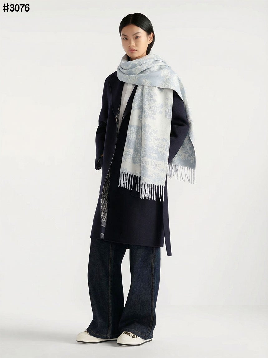 크리스찬 디올 Toile De Jouy Sauvage 울 자카드 태슬 숄 머플러 - 2 Color