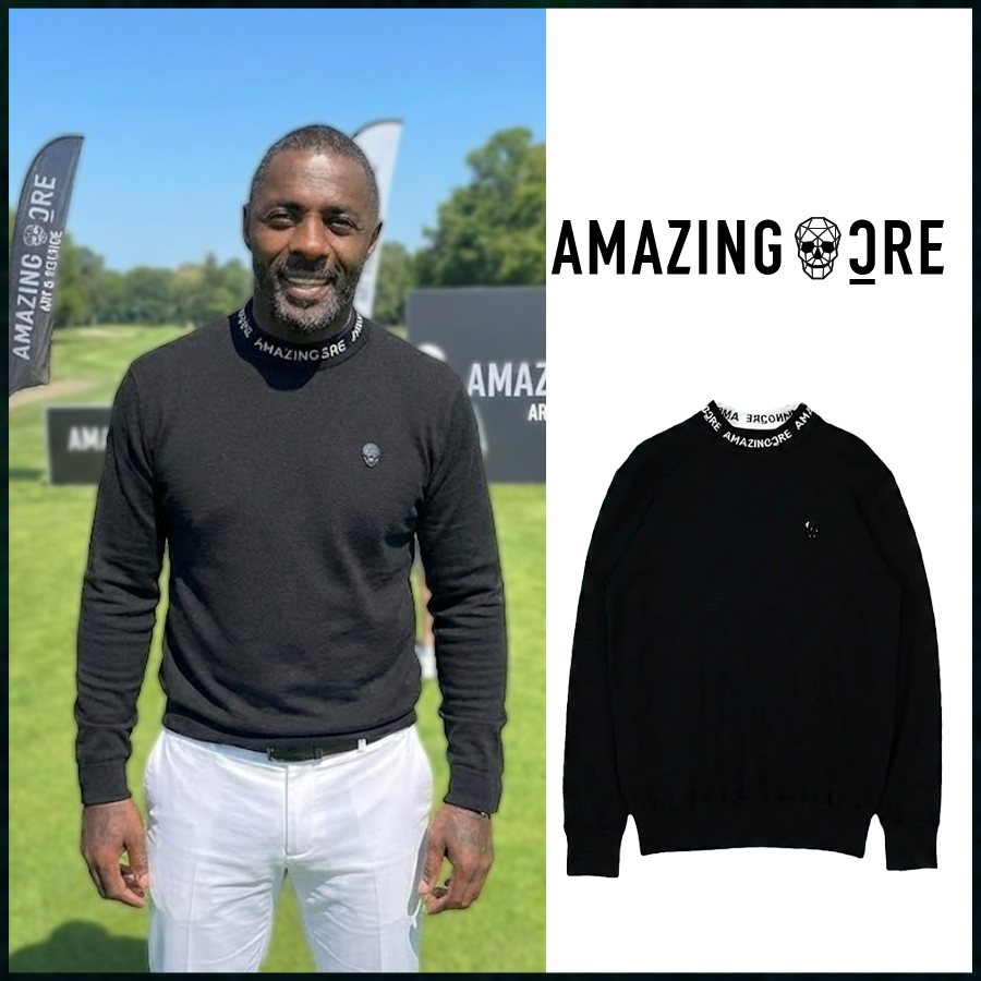 어메이징크리 넥 레터링 아코디오 라운드 스웨터 니트