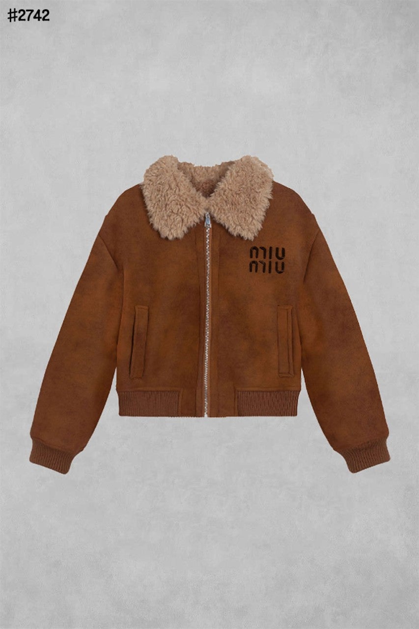 미우미우 여성 셔링 트리밍 크롭 스웨이드 자켓