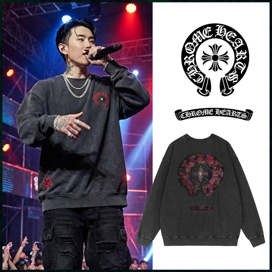 크롬하츠 빈티지 데님 패치 레드 크로스 가먼트다잉 맨투맨 풀오버