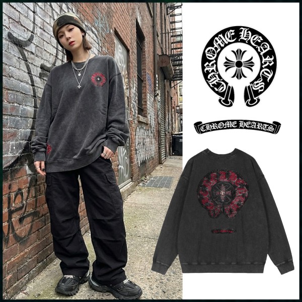 크롬하츠 빈티지 데님 패치 레드 크로스 가먼트다잉 맨투맨 풀오버-레플리카 사이트 쇼핑몰