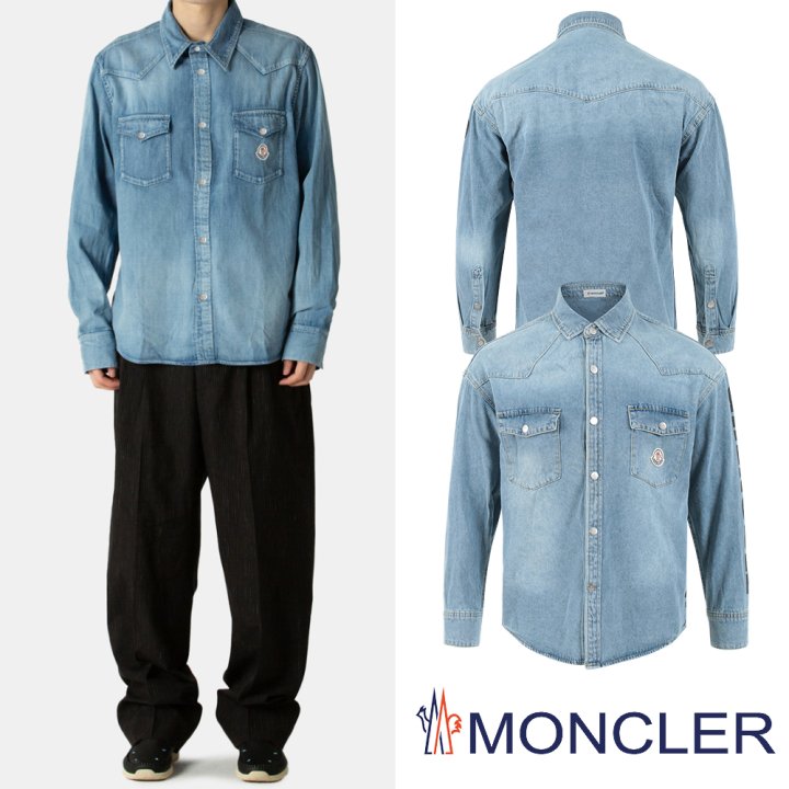 몽클레어 그레노블 레터링 로고 연청 데님셔츠