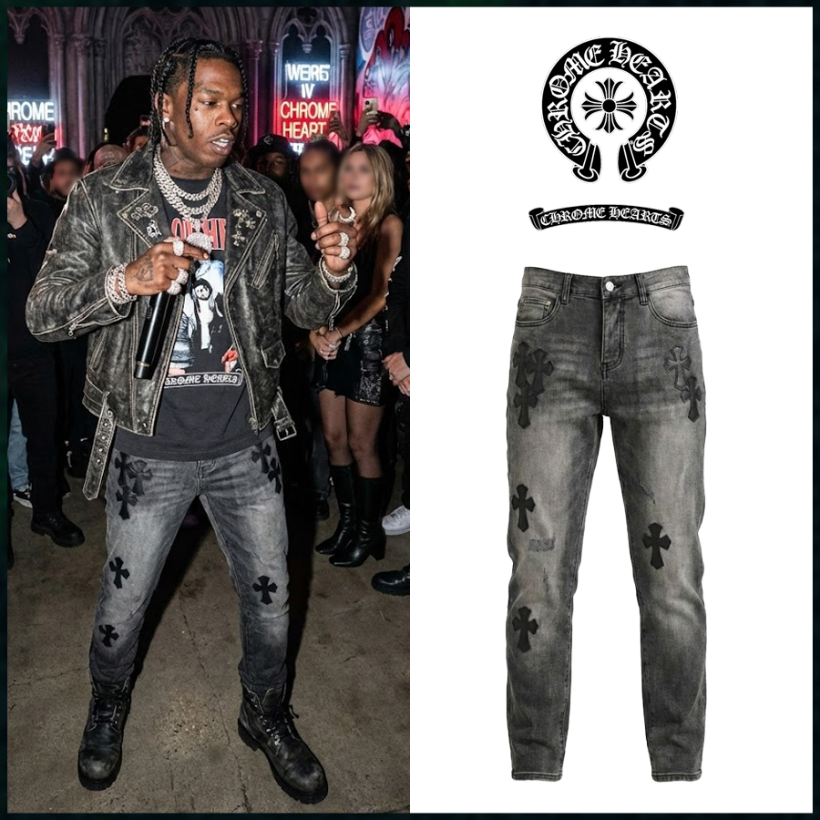 크롬하츠 크로스 레더 와펜 워싱 팬츠